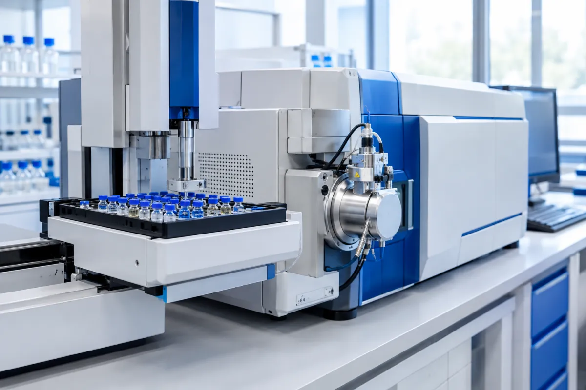 A high-resolution mass spectrometer in a bright laboratory, with sample vials in the autosampler tray