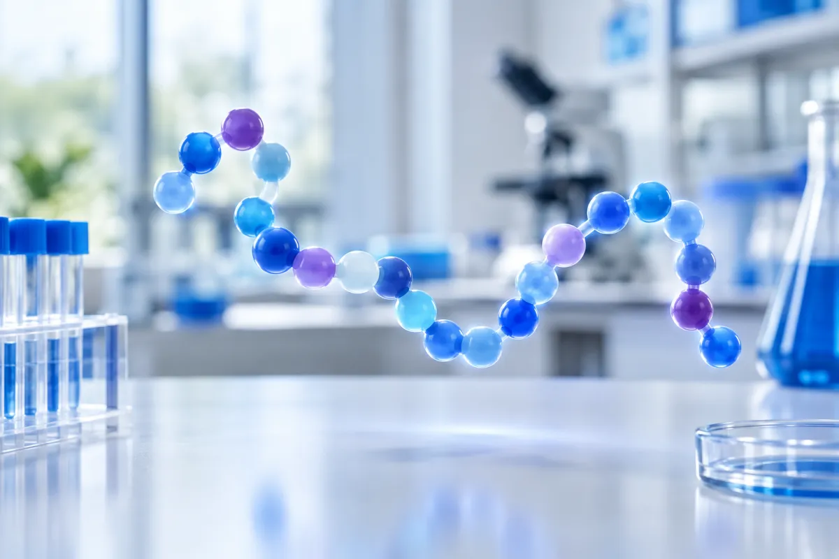 Glowing chain of linked beads suspended above a laboratory bench, representing amino acids joined into a short peptide