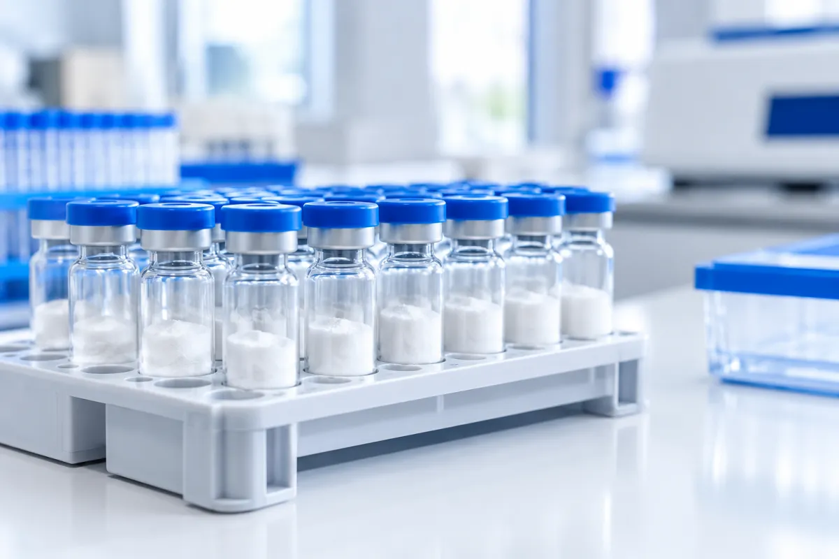 Rows of sealed glass vials containing white freeze-dried powder in a rack on a bright laboratory bench