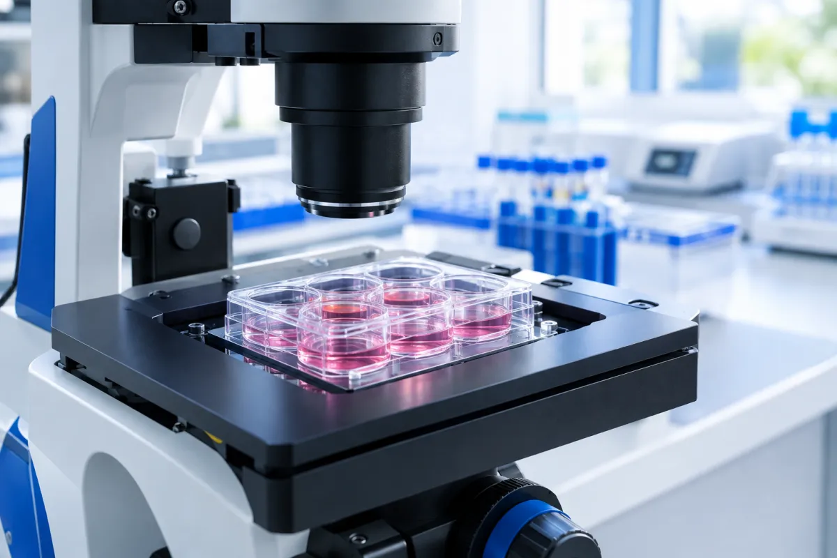 Multi-well cell culture plate on the stage of an inverted microscope in a bright laboratory