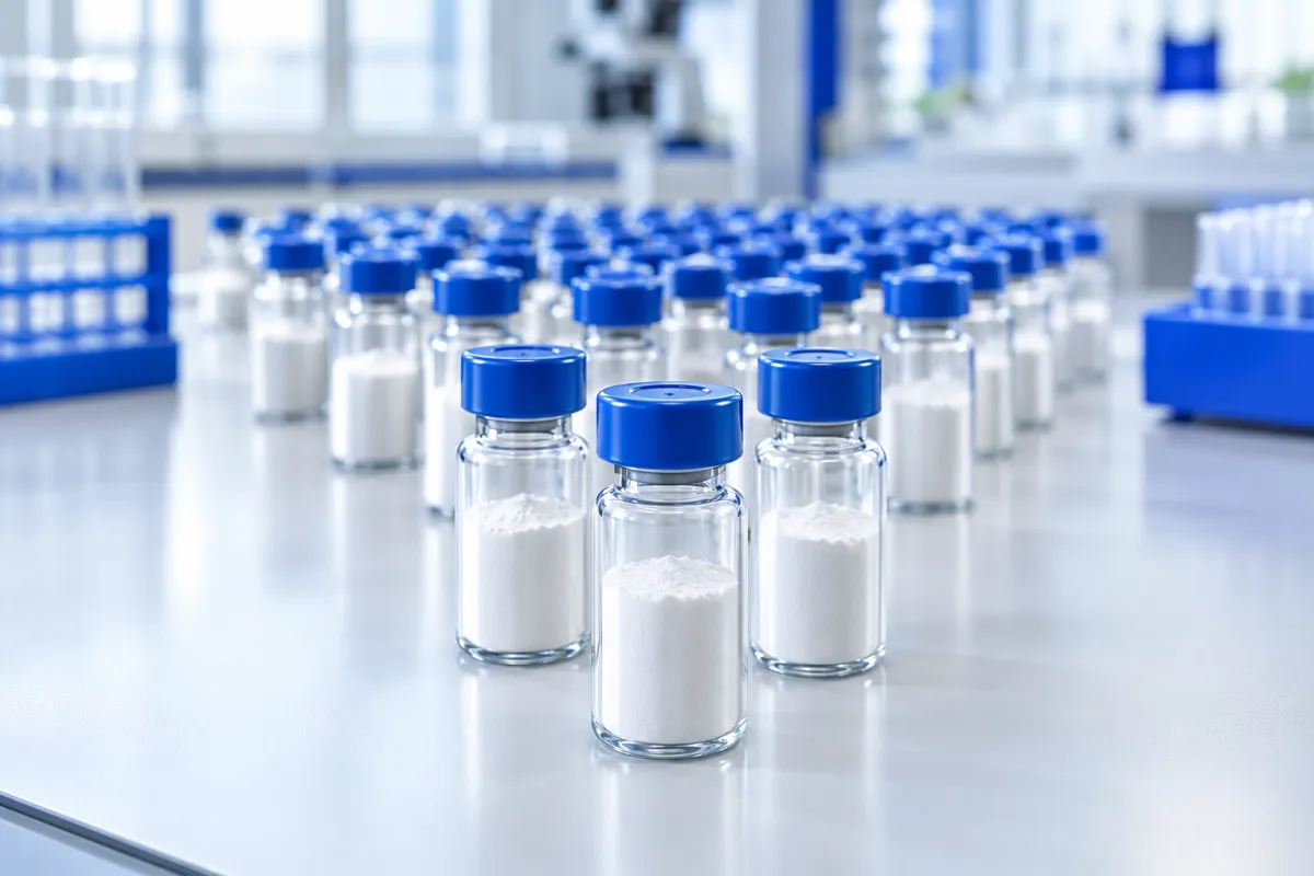 Many small sealed glass vials of white powder in the background narrowing to a few vials in the foreground on a laboratory bench