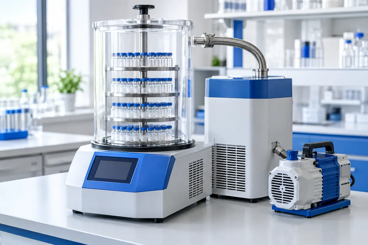 Laboratory freeze dryer with shelves of glass vials inside a clear drying chamber