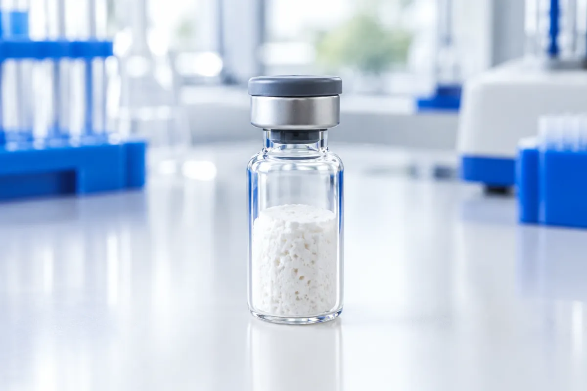 Sealed glass vial holding a white freeze-dried cake