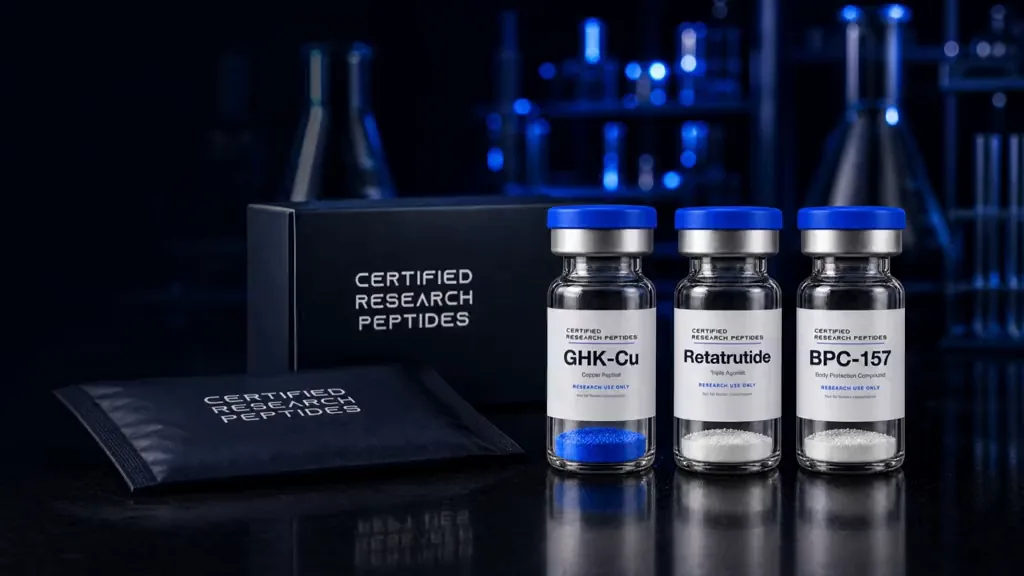 Certified Research Peptides GHK-Cu, Retatrutide and BPC-157 research vials with navy packaging